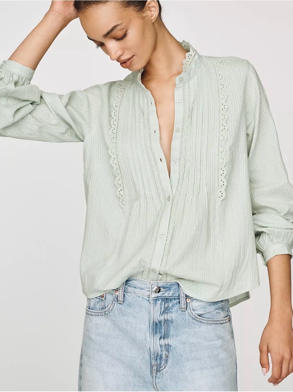 Anthropologie Frosty Green Lace-Trim 100% Cotton Lace Buttondown Blouse Medium